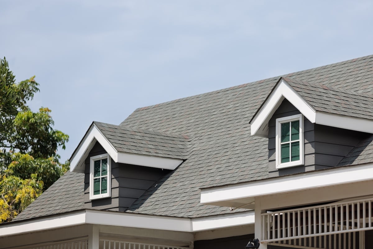 Roof shingles on top of the house, dark asphalt