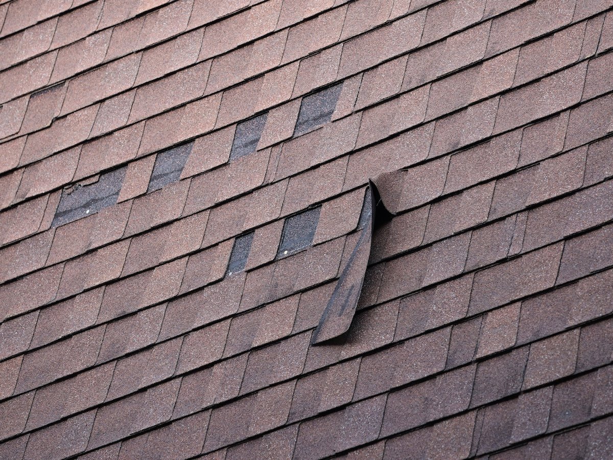 Torn and loose shingles after strong wind storm