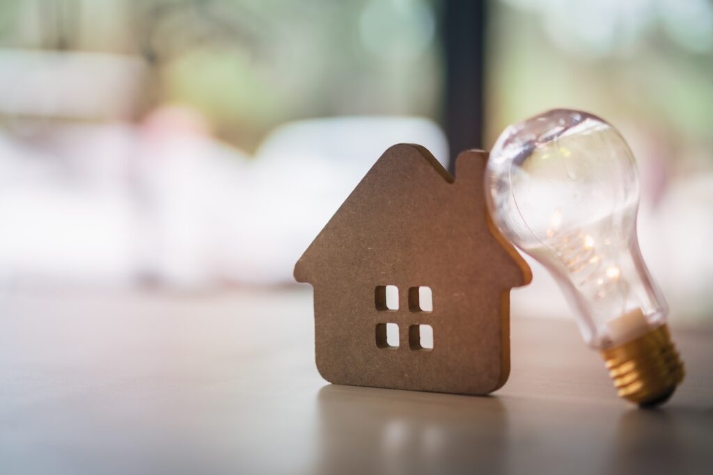 light bulb and small wooden house figurine