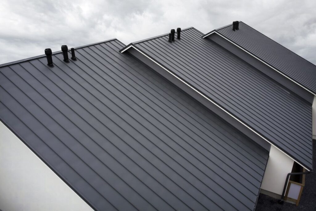 Close-up house retro roof panel with standing seam