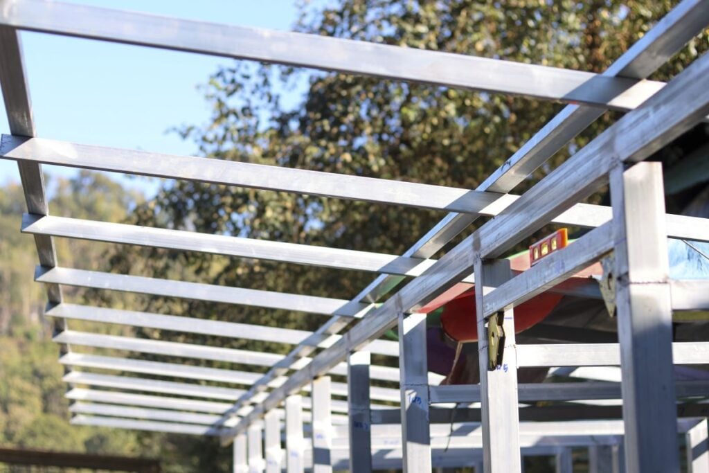 Unfinished metal roof structure frame