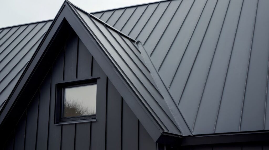 close up view of modern gray metal roof with sharp angles and sleek design