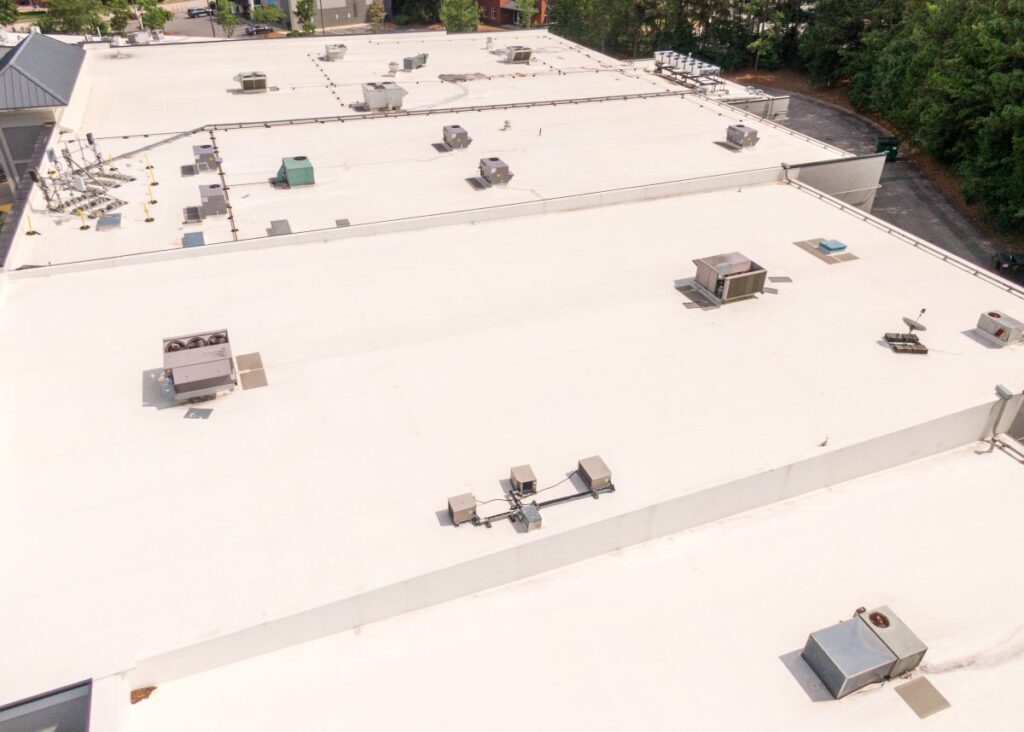 Drone Images of TPO Flat Roofs on Commercial Building