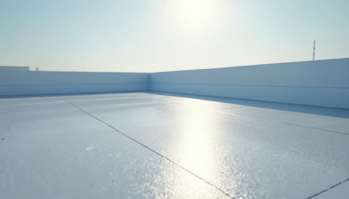 Waterproof coating applied to flat roof surface