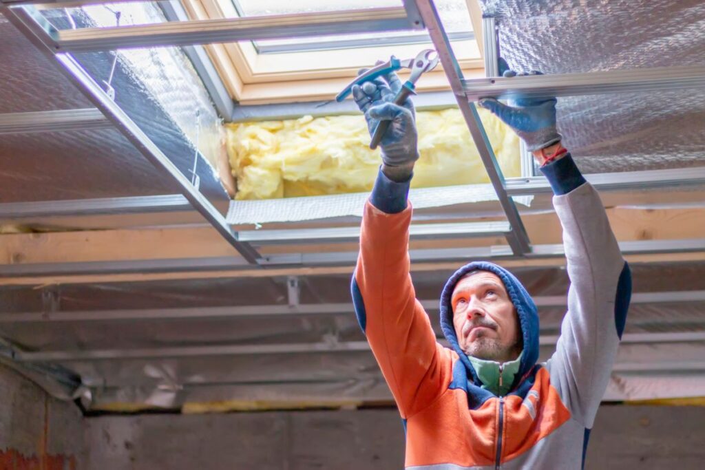 metal roof vapor barrier worker installing foil using tool