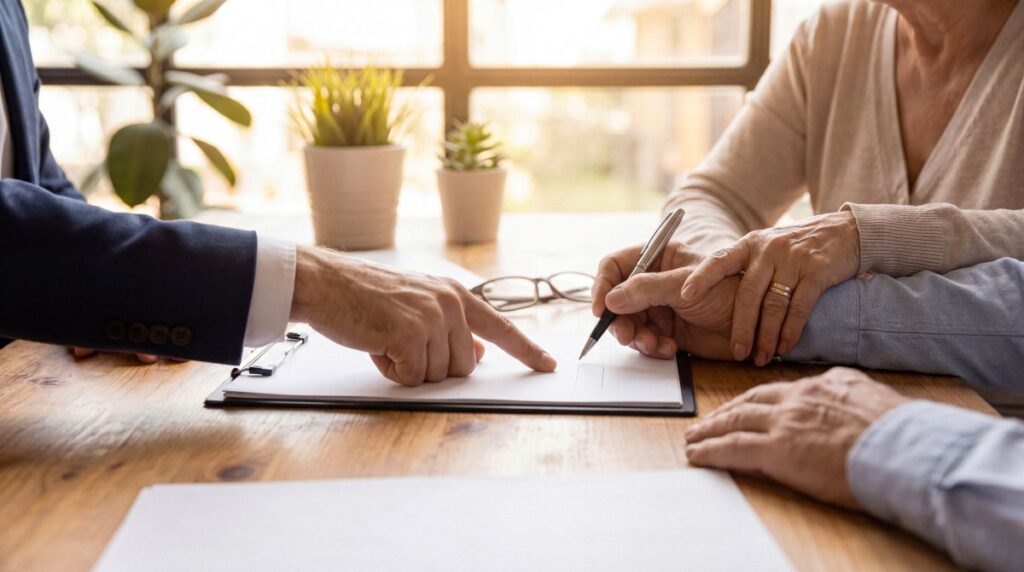 roof insurance claim process old couple signing documents